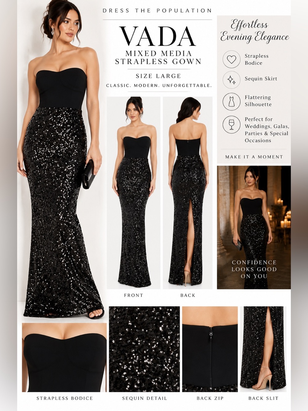 Dress the Population Vada Mixed Media Strapless Sequin Gown Black Large NWOT